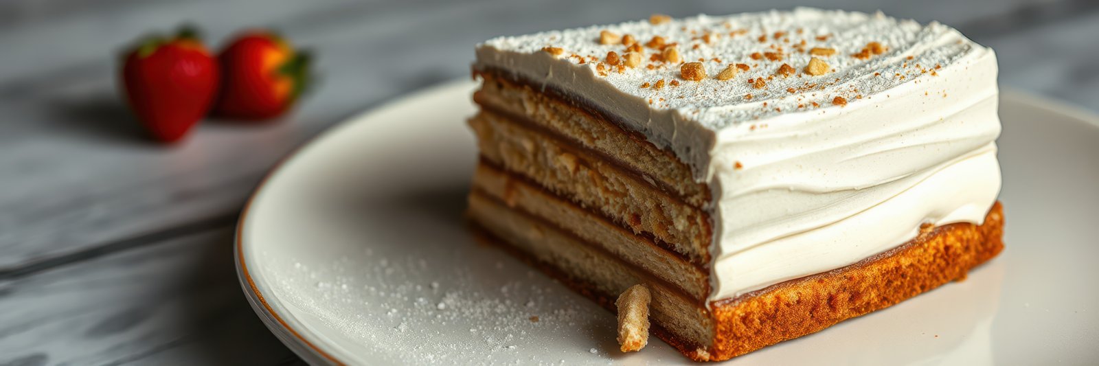 Delicious dessert slice with layers of cream and cake served on a white plate with fresh strawberries
